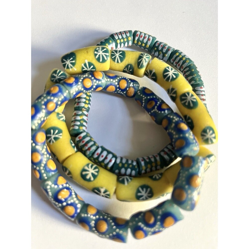 Set of 3 Hand Painted Artisan Stone Bead Stretch Bracelets Trade Bead Style